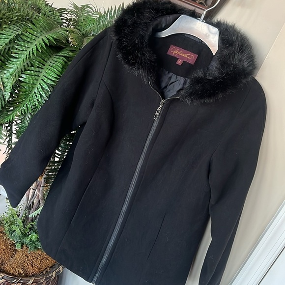 NWOT Hal Rubenstein Black Zippered Jacket Hood w/ Faux Fur Trim Winter Coat - Picture 6 of 14
